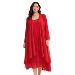 Channa Red Chiffon 2 Piece Dress Set Sheer Duster Overlay Size L